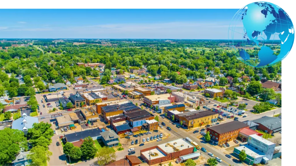 An arial view of a small town.
